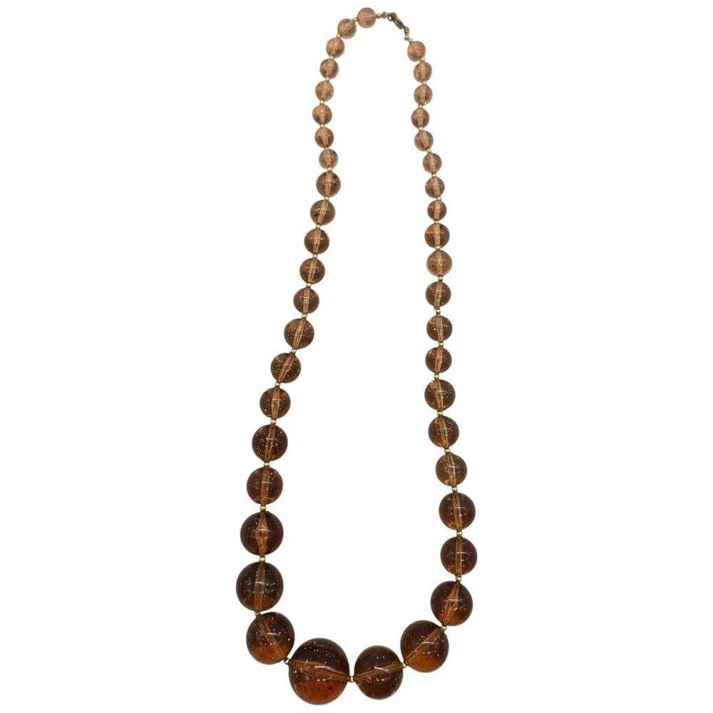 Vintage Amber Gold Fleck Lucite Beaded Necklace 26" Graduated Art Deco Style